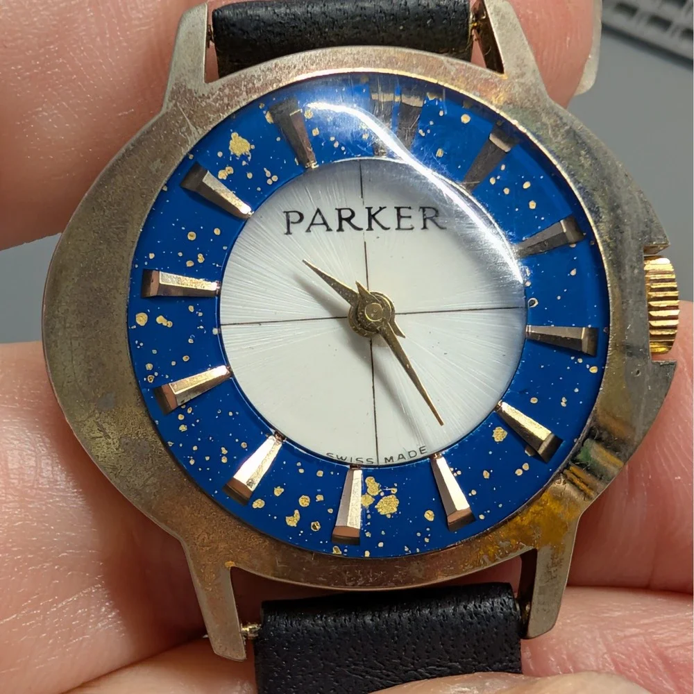 Vintage Parker Swiss Made Manual Wind Mid Century Blue Gold Fleck Watch 31mm